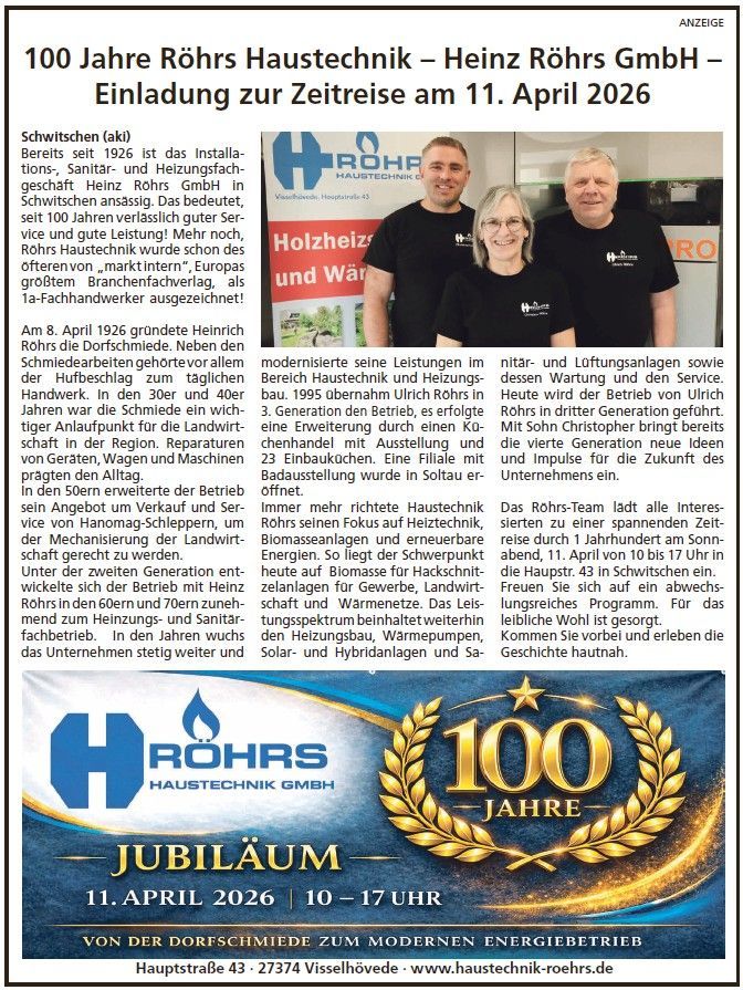 100 Jahre Röhrs Haustechnik GmbH Jubiläum am 11. April 2026