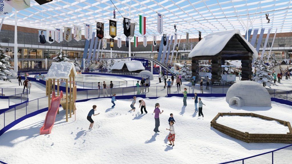 Children playing in a huge snow filled 'snow 'city'