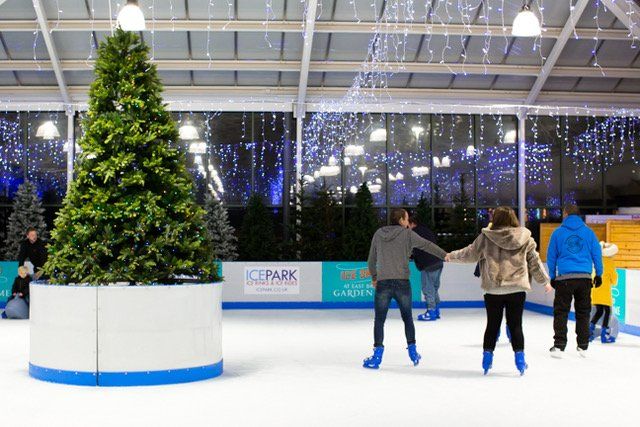 Two ice skaters hand in hand with Christmas tree island in the middle of the ice skating rink