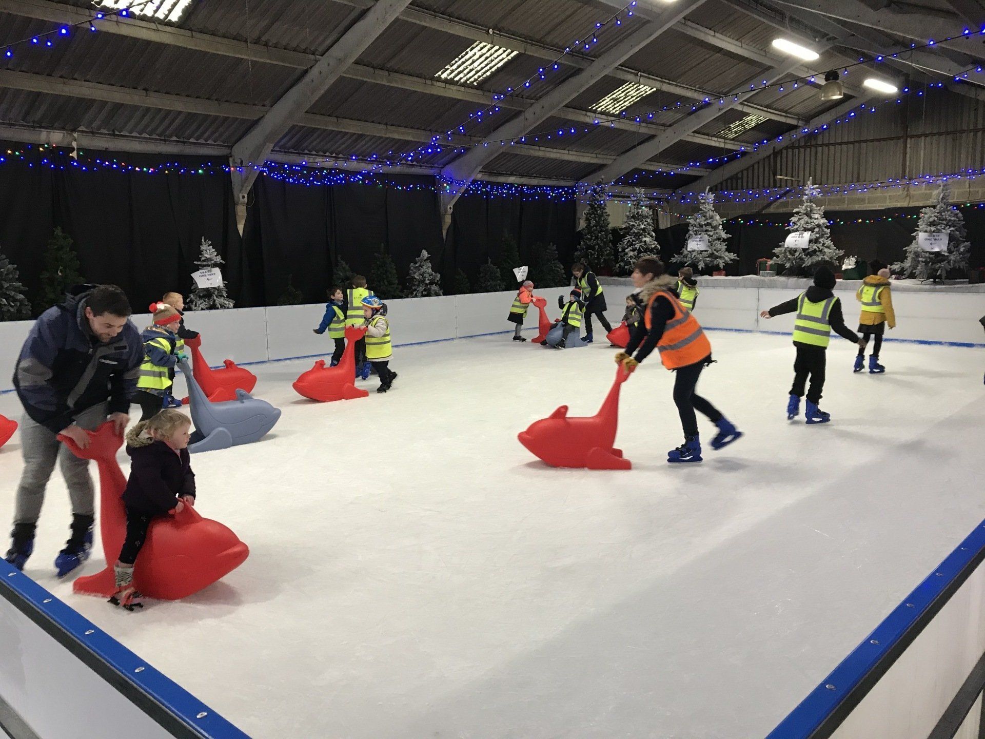 Ice skaters and red dolphin skate aids on a nice ice rink in Milton Keynes
