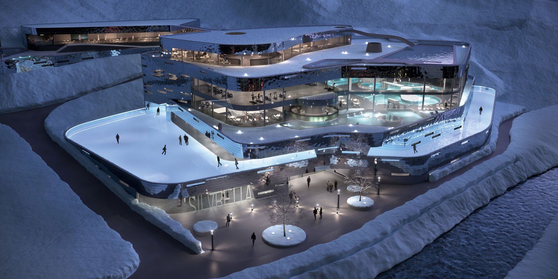 Render of a large hotel with external skating surface around the peripheral pathway of the building.