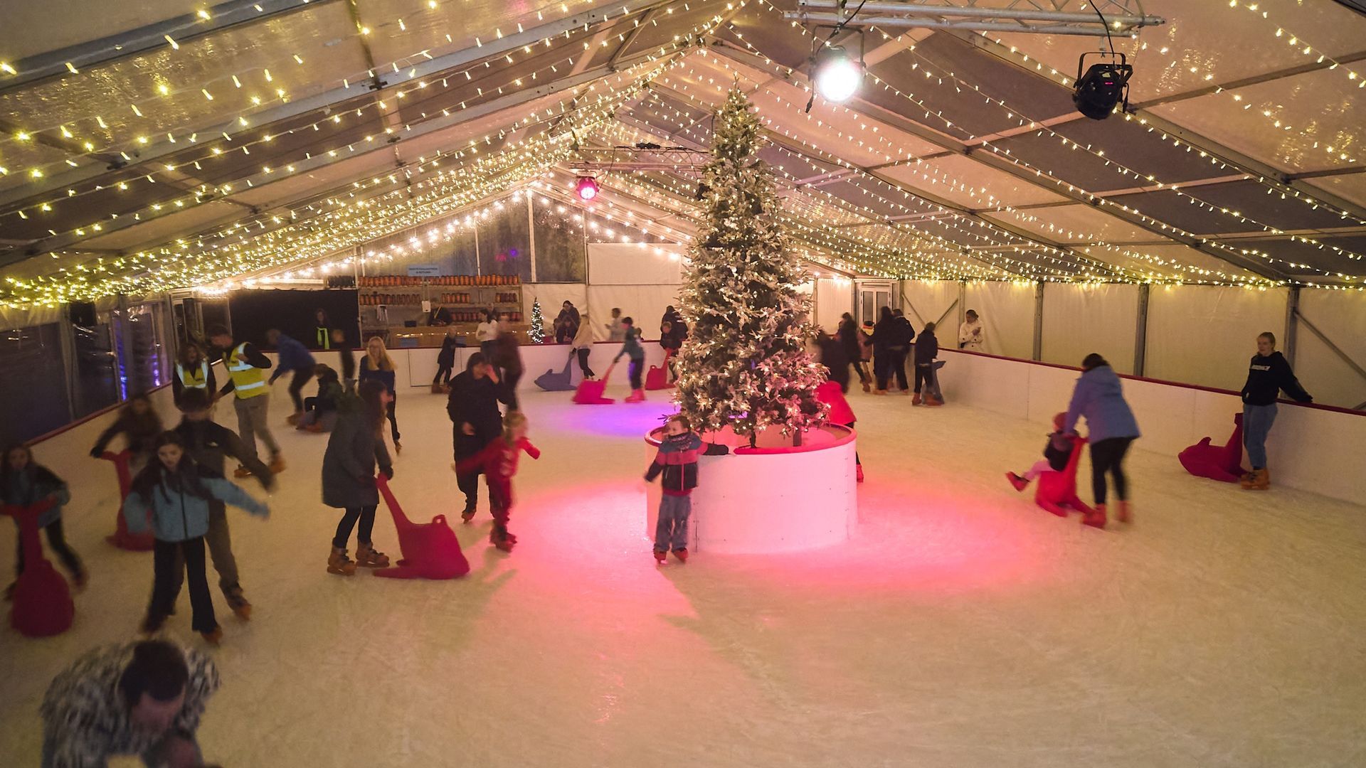 Kids playing in our Snow Play Park. Snow on the ground surrounded by trees