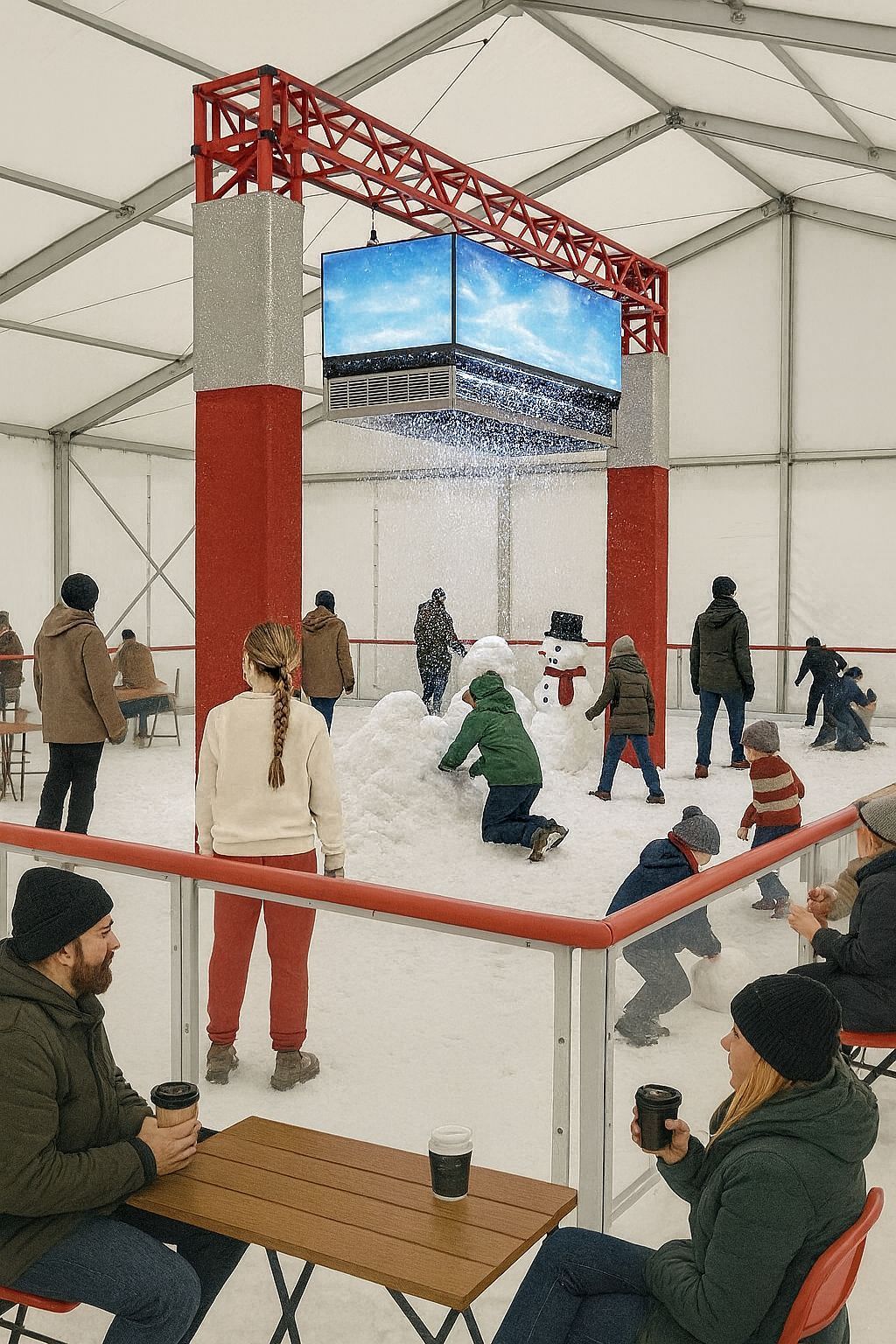 Snow falling from above with children playing below