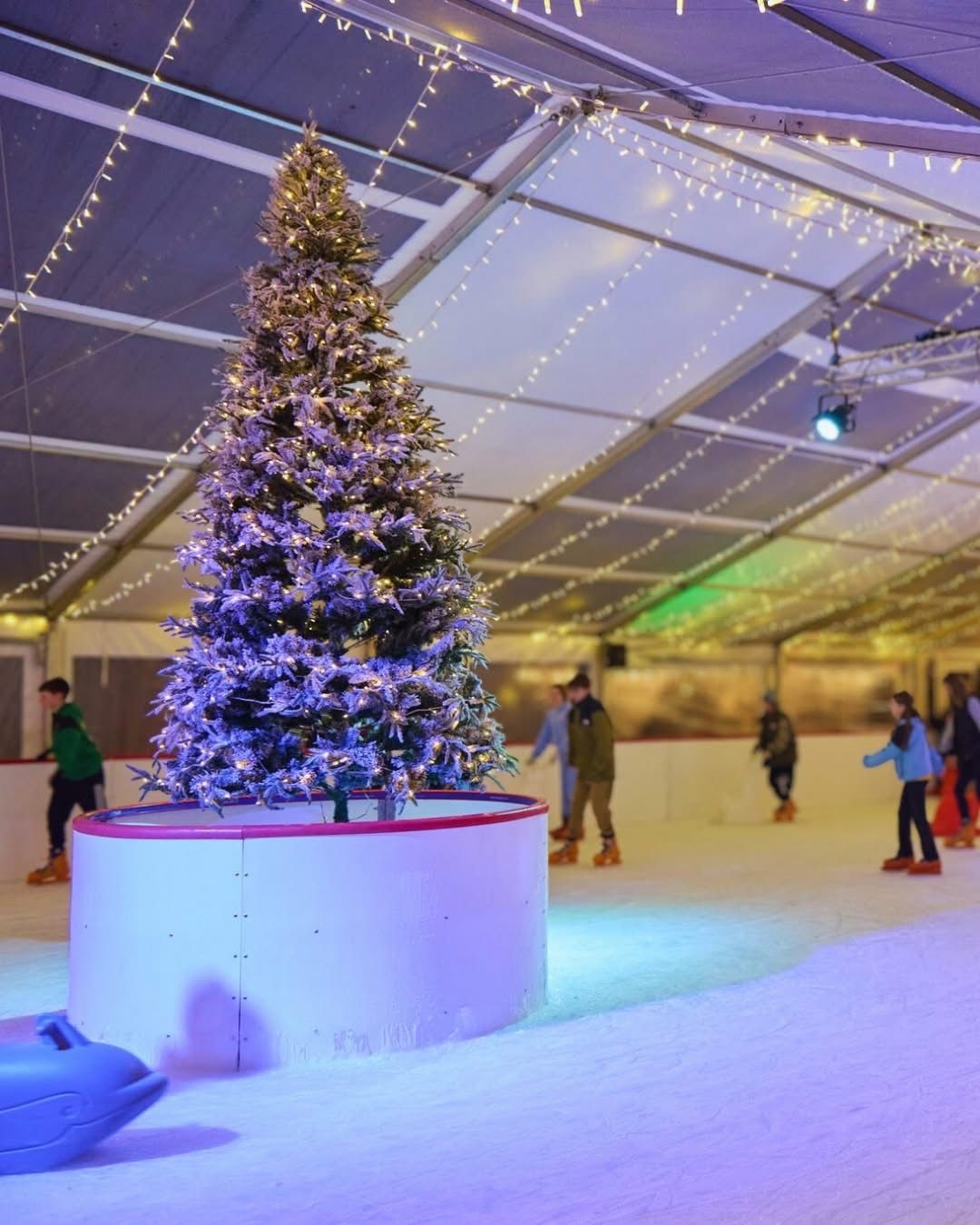 Skaters on lovely ice rink with pink lights reflecting on the ice