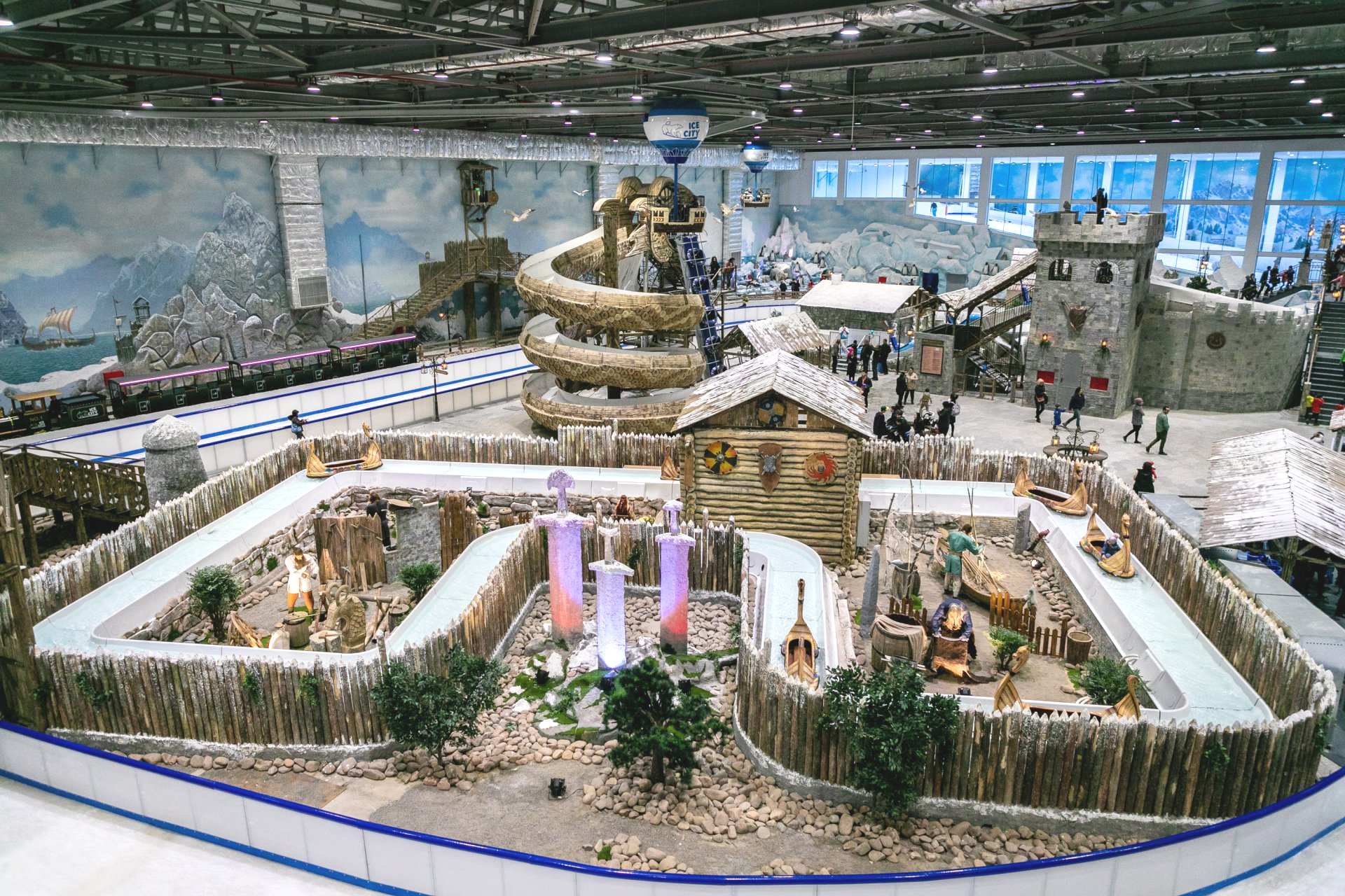 Boat ride on a snow covered theme park
