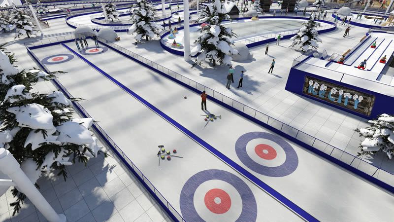 Full size curling ice rink with players