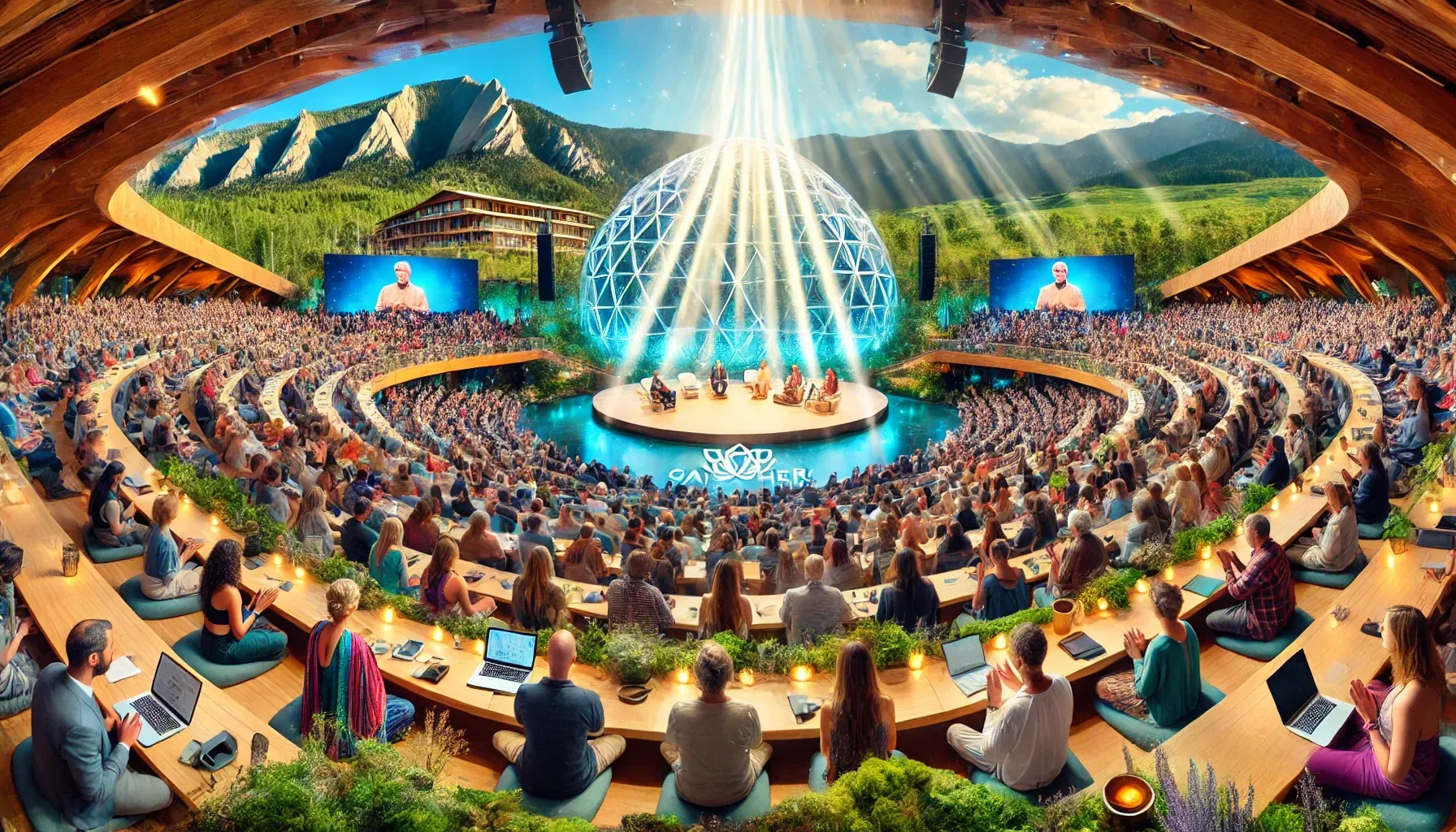 Generative AI image of a healing conference with speakers and attendees in a peaceful nature setting