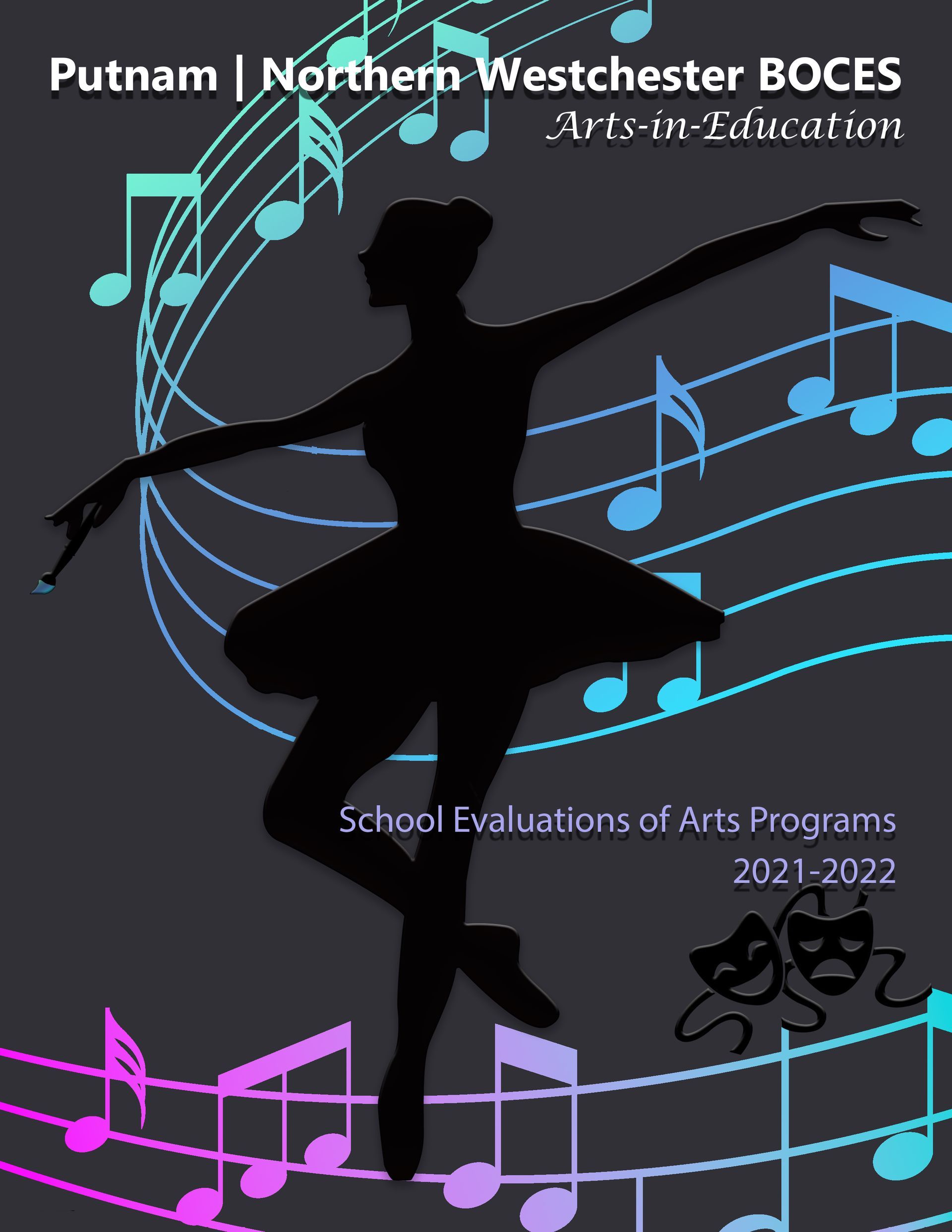 A grey image with blue music notes behind a silhouette of a ballerina.