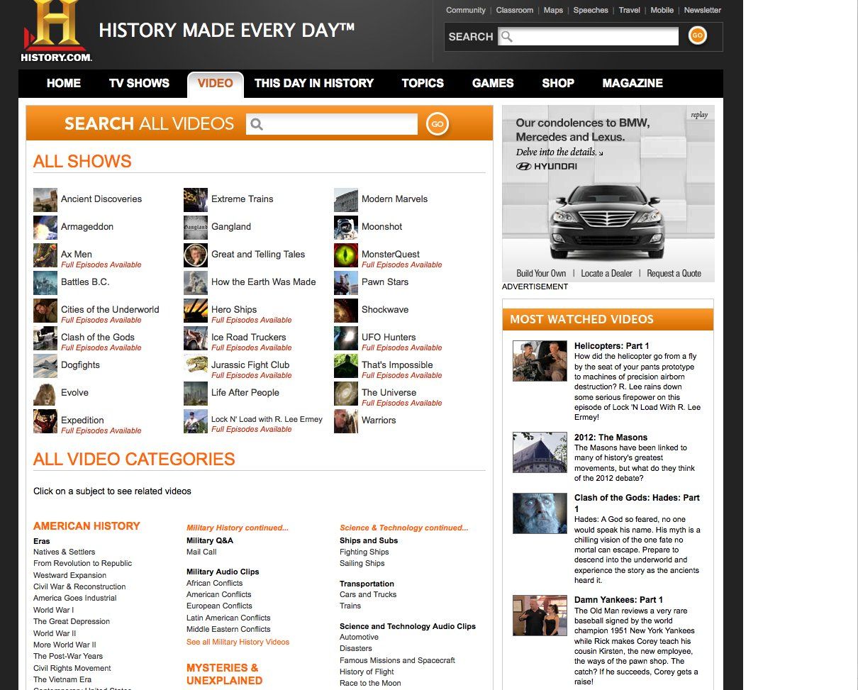 An image of the History Channel's search page.