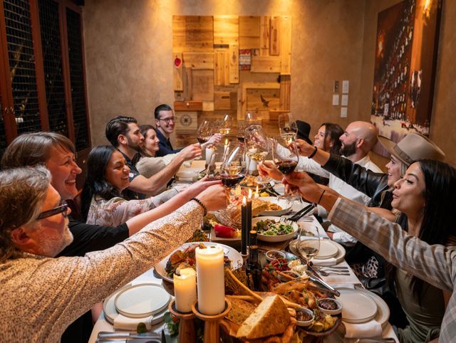 Eine Gruppe gut gelaunter Menschen bei gutem Essen prostet sich mit einem Glas Wein zu.