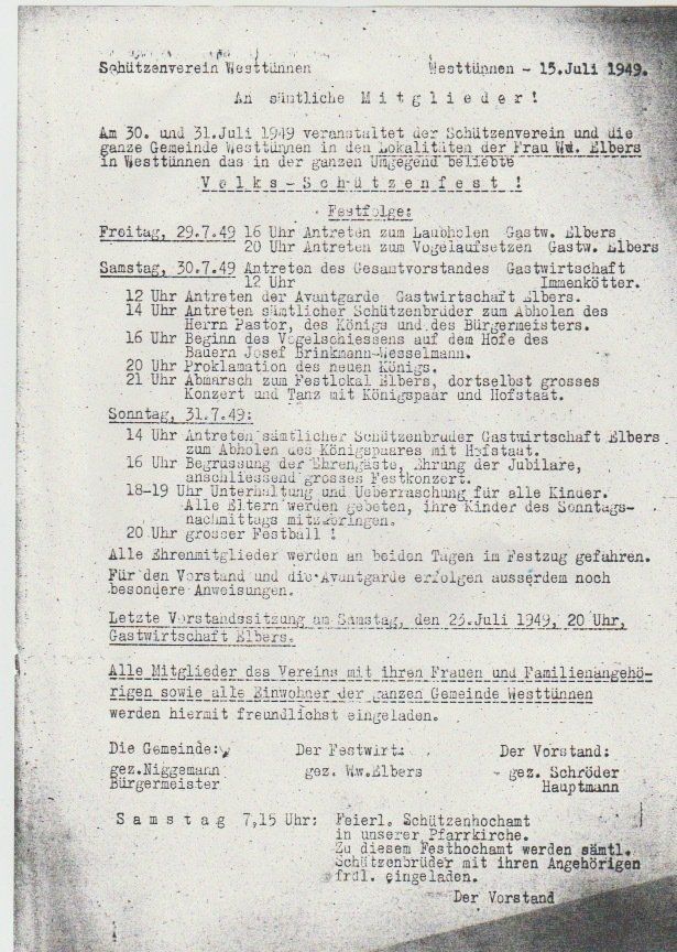 Festfolge 1949 An sämtliche Mitglieder!“ Festfolge des ersten Nachkriegsschützenfestes 1949