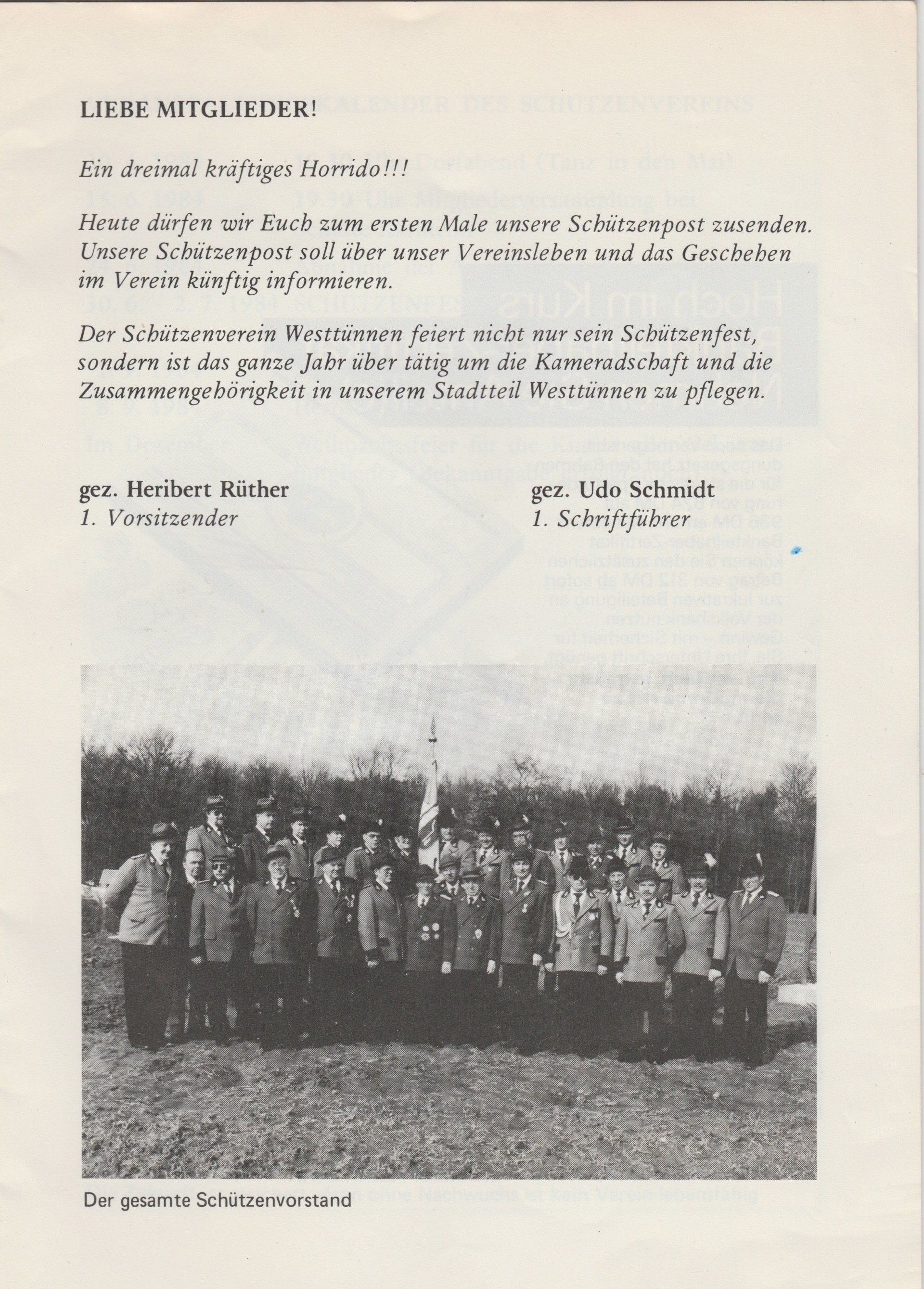 Grußwort Schützenpost 1984 Titel und Grußwort der ersten Westtünner Schützenpost aus dem Jahre 1984