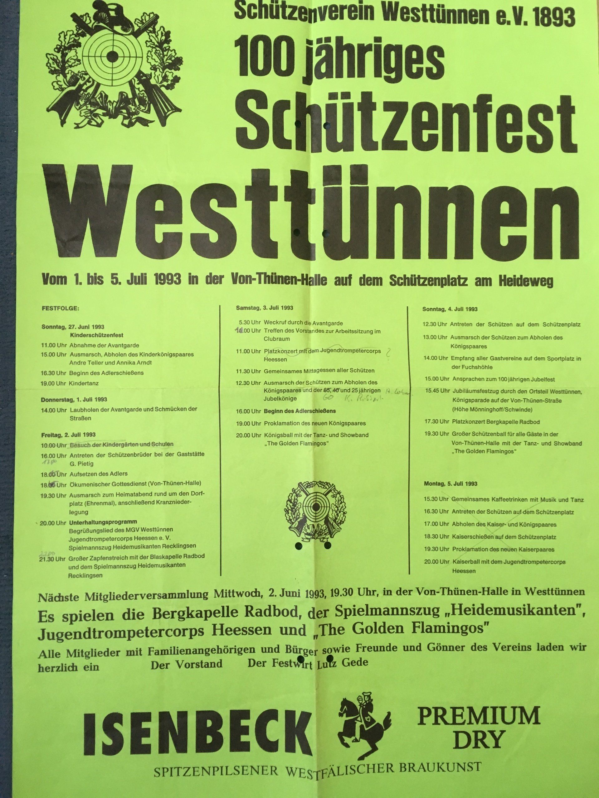 Das Plakat zum Jubiläumsfest 1993, erstmals mit dem Heimatabend am Dorfplatz