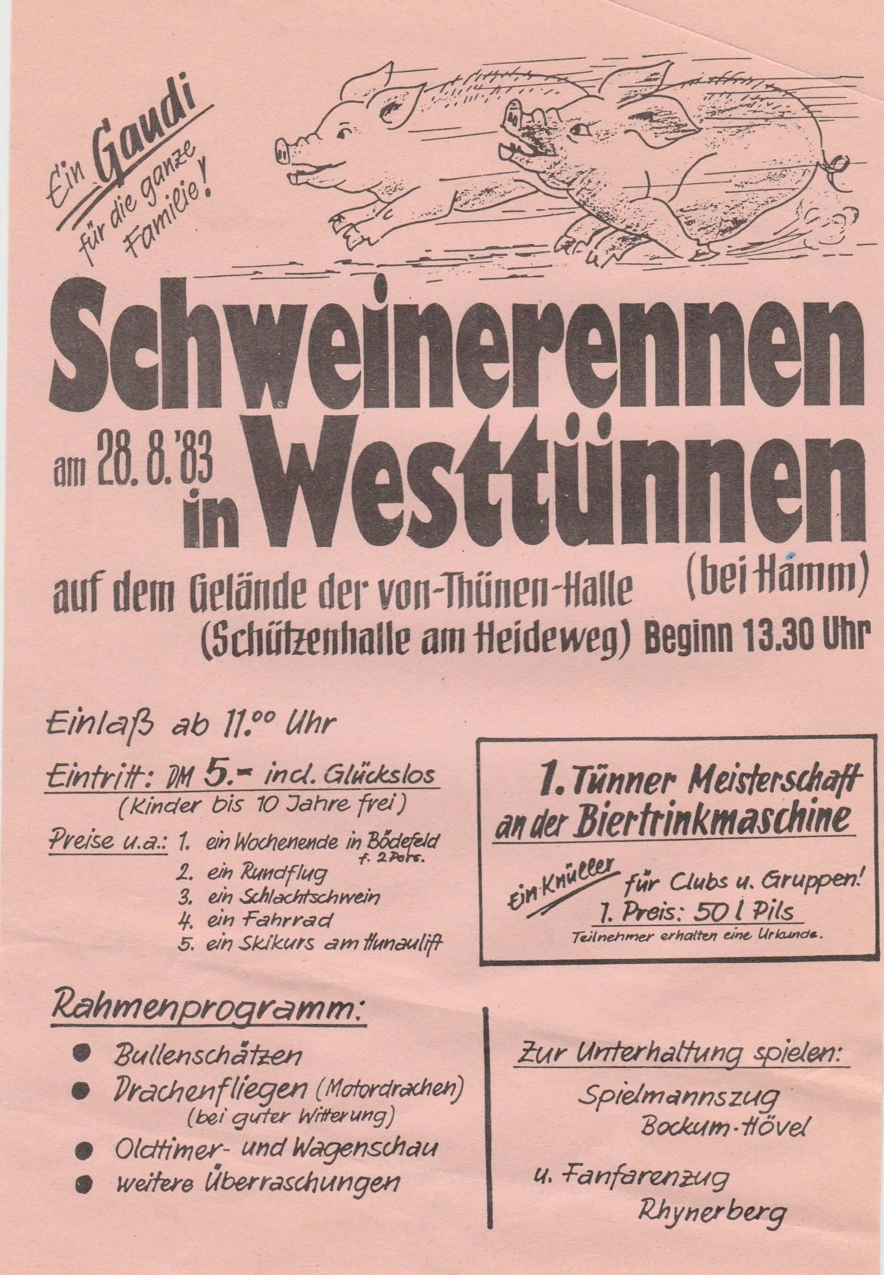 Plakat Schweinerennen in Westtünnen Ein Renner 1983: Das Schweinerennen