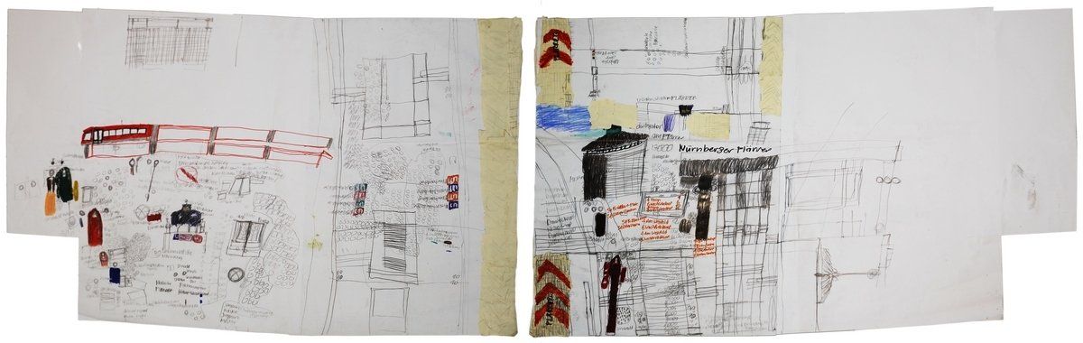 Maaz Ali STADTRAUM Bleistift und Buntstift auf Papier, Vorder- und Rückseite 70 x 113 cm, 2019