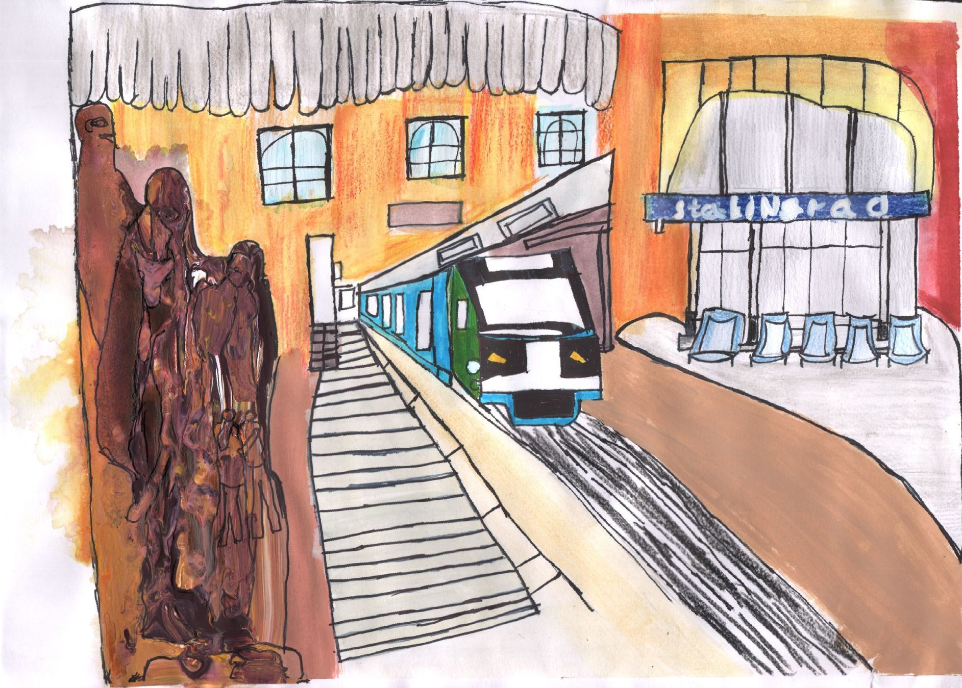 Manja Horn METRO STALINGRAD Acryl und Tuschestift auf Papier, 24.5 x 34.8 cm, 2019