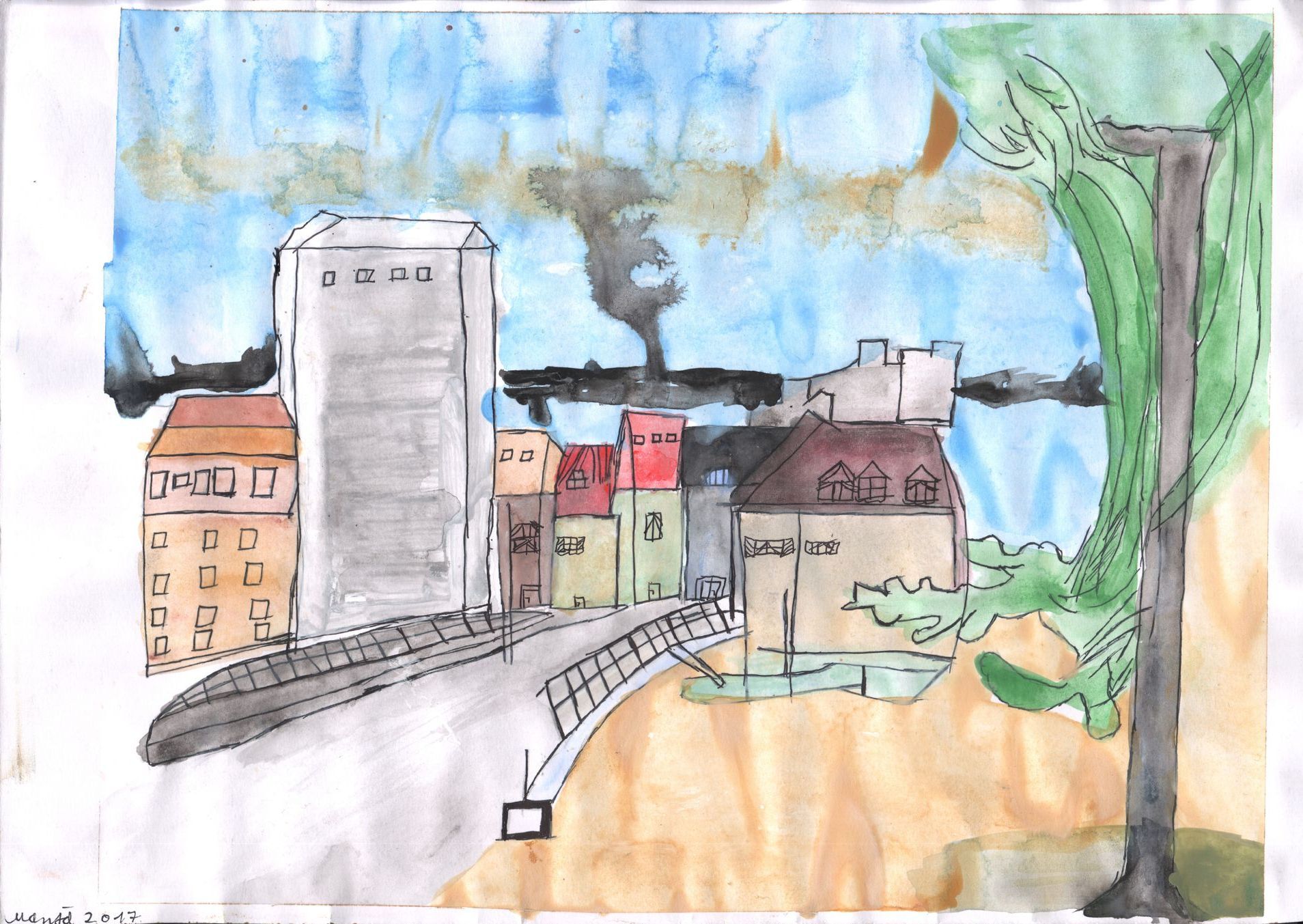 Manja Horn GANZ WEIT IN DIE FERNE VON GÖRLITZ I Aquarell und Tuschestift auf Papier, 24.8 x 34.7 cm, 2017