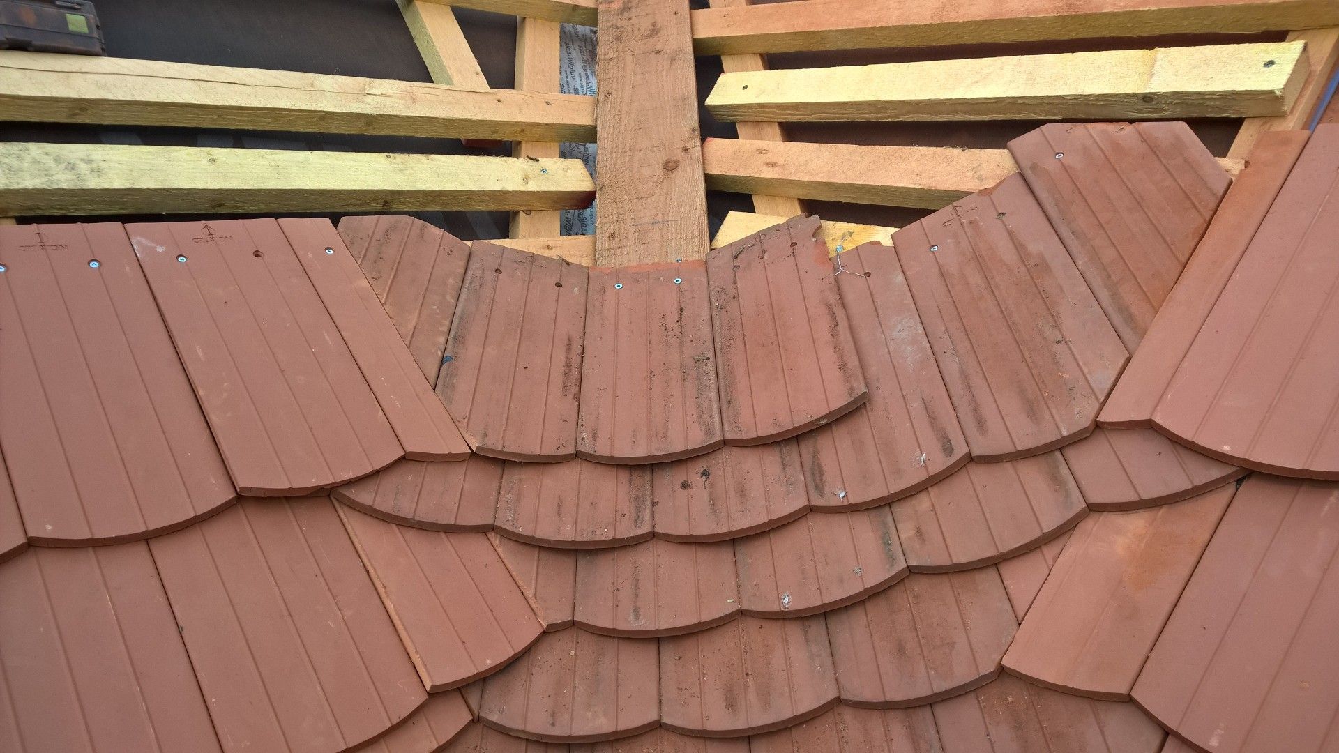 Eingebundene Bieberkehle während der Eindeckung, Ziegeldeckung, rote Ziegel liegen überlappend mit Nägel auf Holz genagelt.
