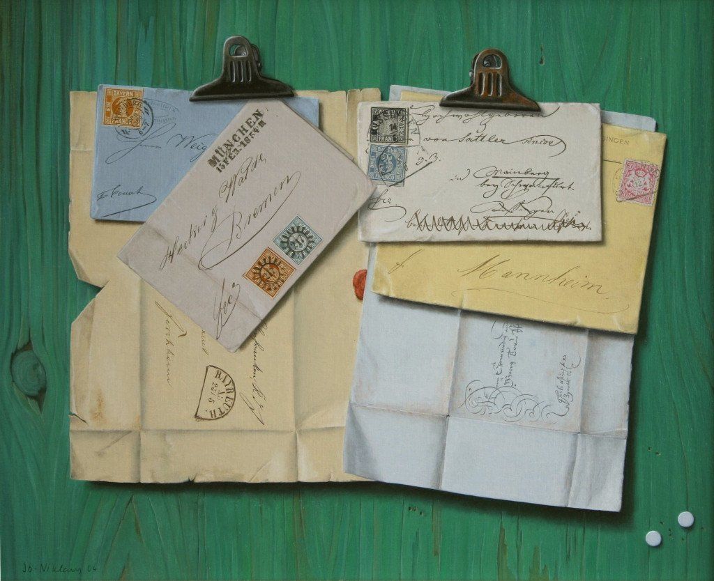 Briefmarken in Feinmalerei, Trompe-lóeil, Jo Niklaus, Kunst in Nürnberg
