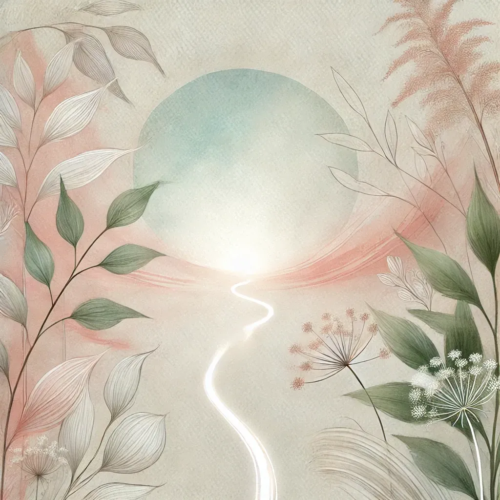 Illustration in Pastelltönen mit floralen Elementen und kreisförmigem Verlauf