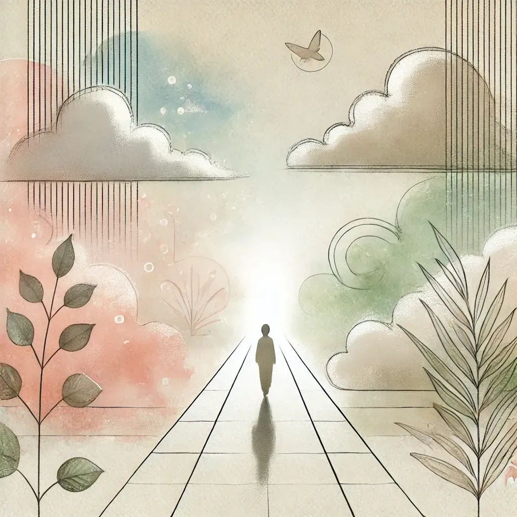 Illustration mit Bäumen, Licht und Person auf einem Weg – Sinnbild für Perspektivwechsel