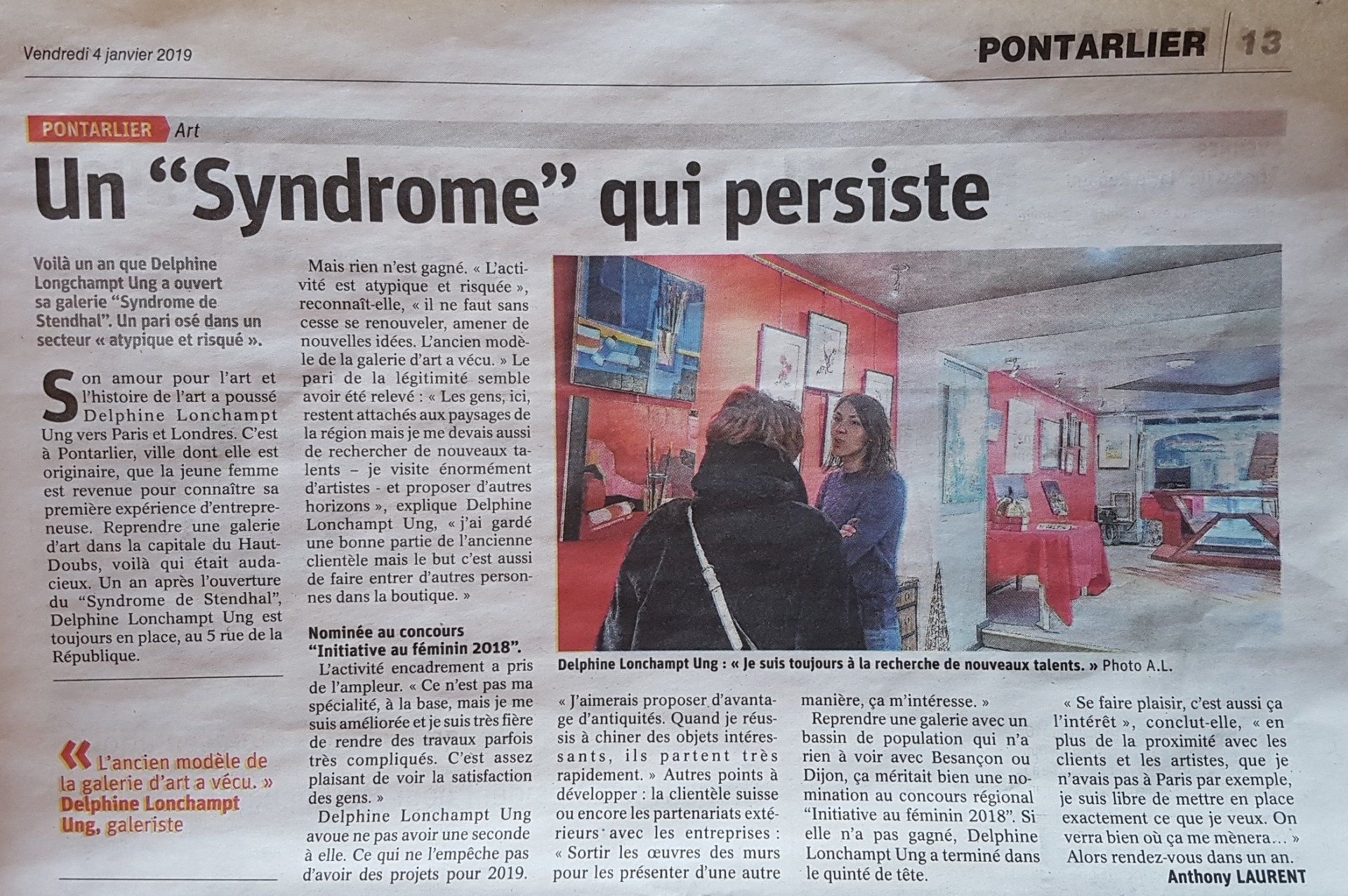 L'Est Républicain - 4 Janvier 2019 Syndrome Stendhal Pontarlier Doubs Galerie Art