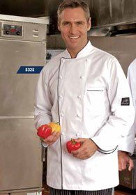 Uniforms - Chef, Kitchen, Chef Coats White Hand Rolled Buttons Black Piping Trim