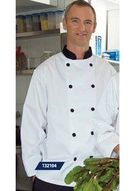 Uniforms - Chef, Kitchen, Chef Coats White Contrast Trim Long Sleeve Polyester