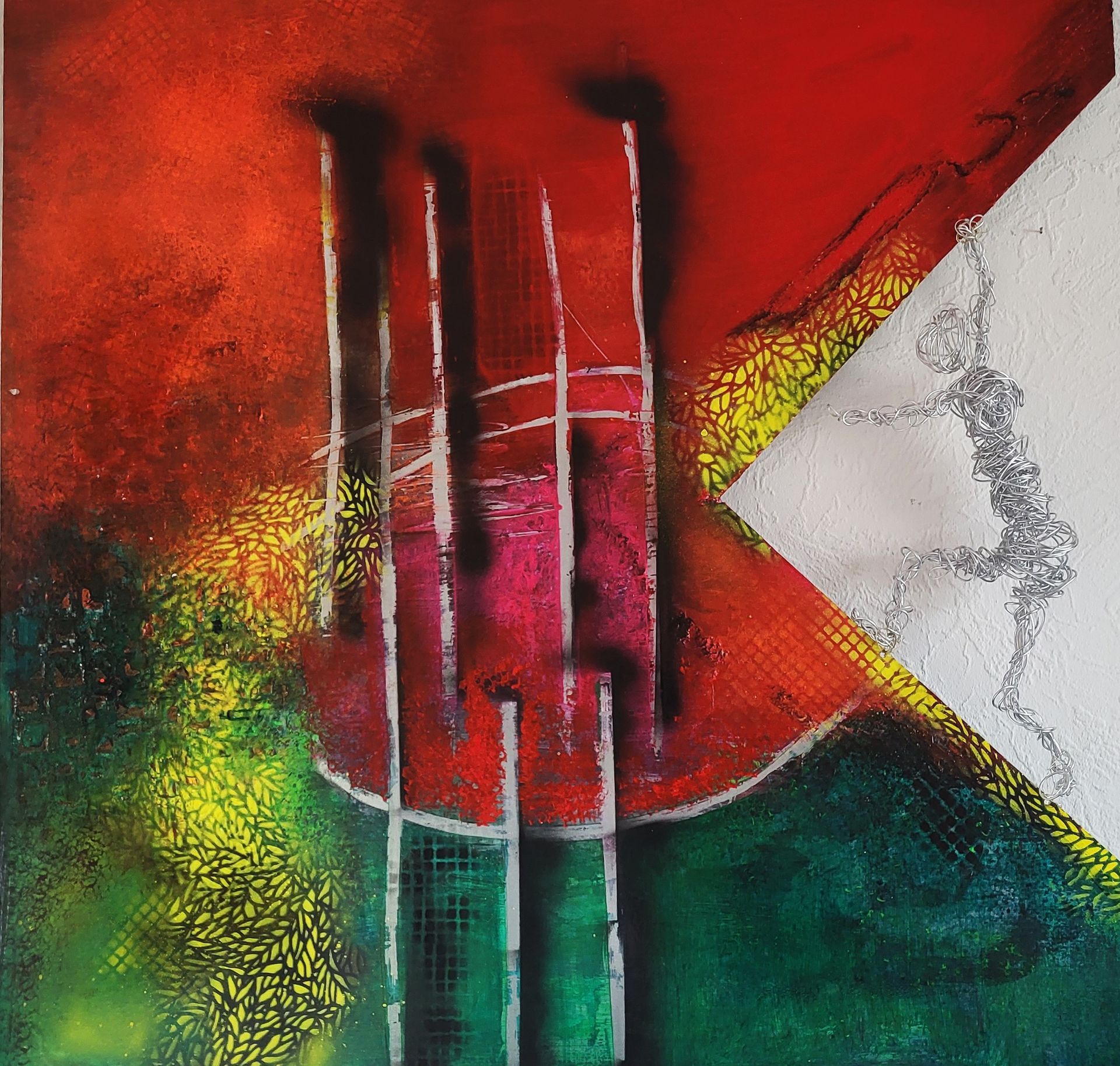 Acryl auf Stahlblech - 100x100 - Drahtfigur im Ausschnitt - 1000 Euro