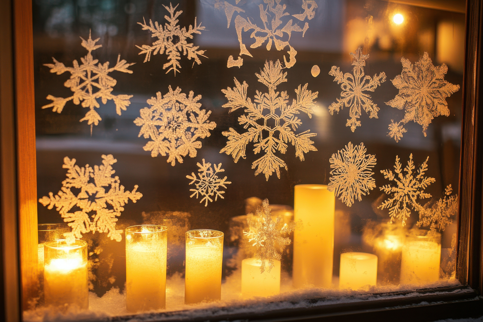 Ein Fenster verziert mit Schneeflocken und Kerzen stehen auf der Fensterbank- ein einladendes Bild zur Adventszeit - zarte weiß und goldtöne