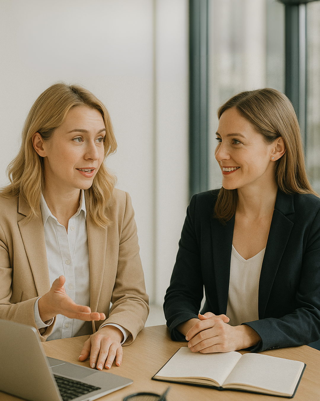 Zwei Unternehmerinnen im Dialog – modern, mutig, auf Augenhöhe und voller Klarheit.