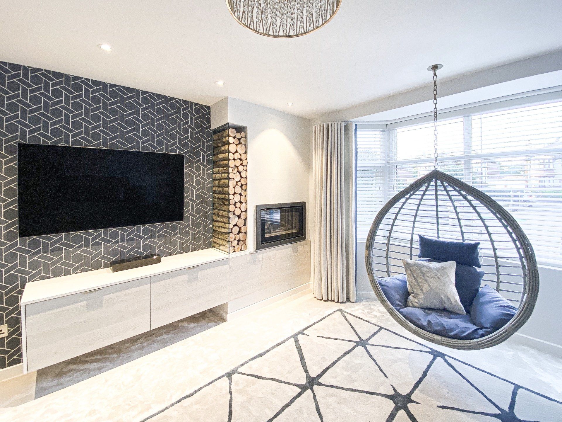 Living room with floating egg chair