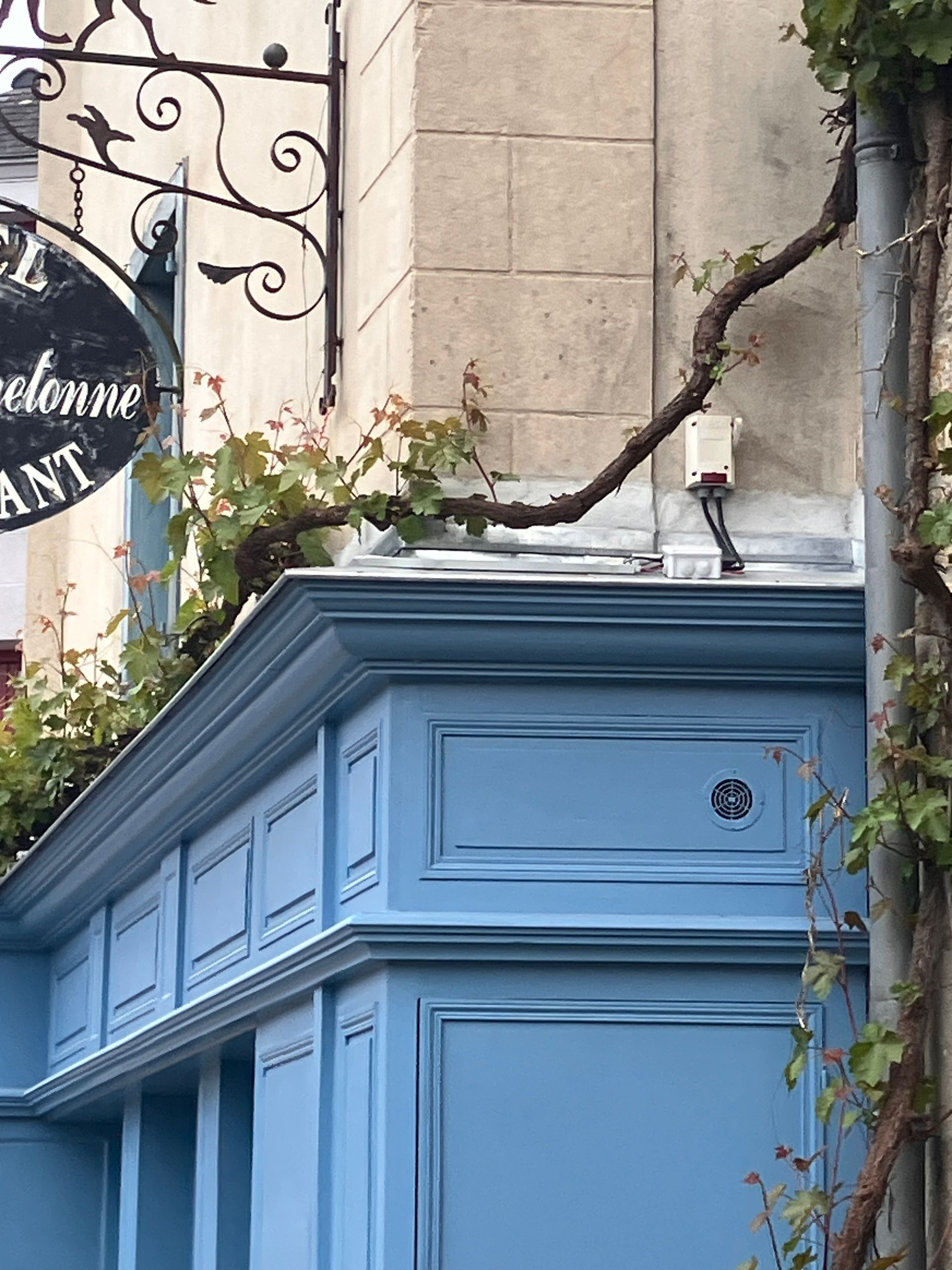 Détail de façade rénovée avec corniche moulurée, zinc et menuiseries bleues