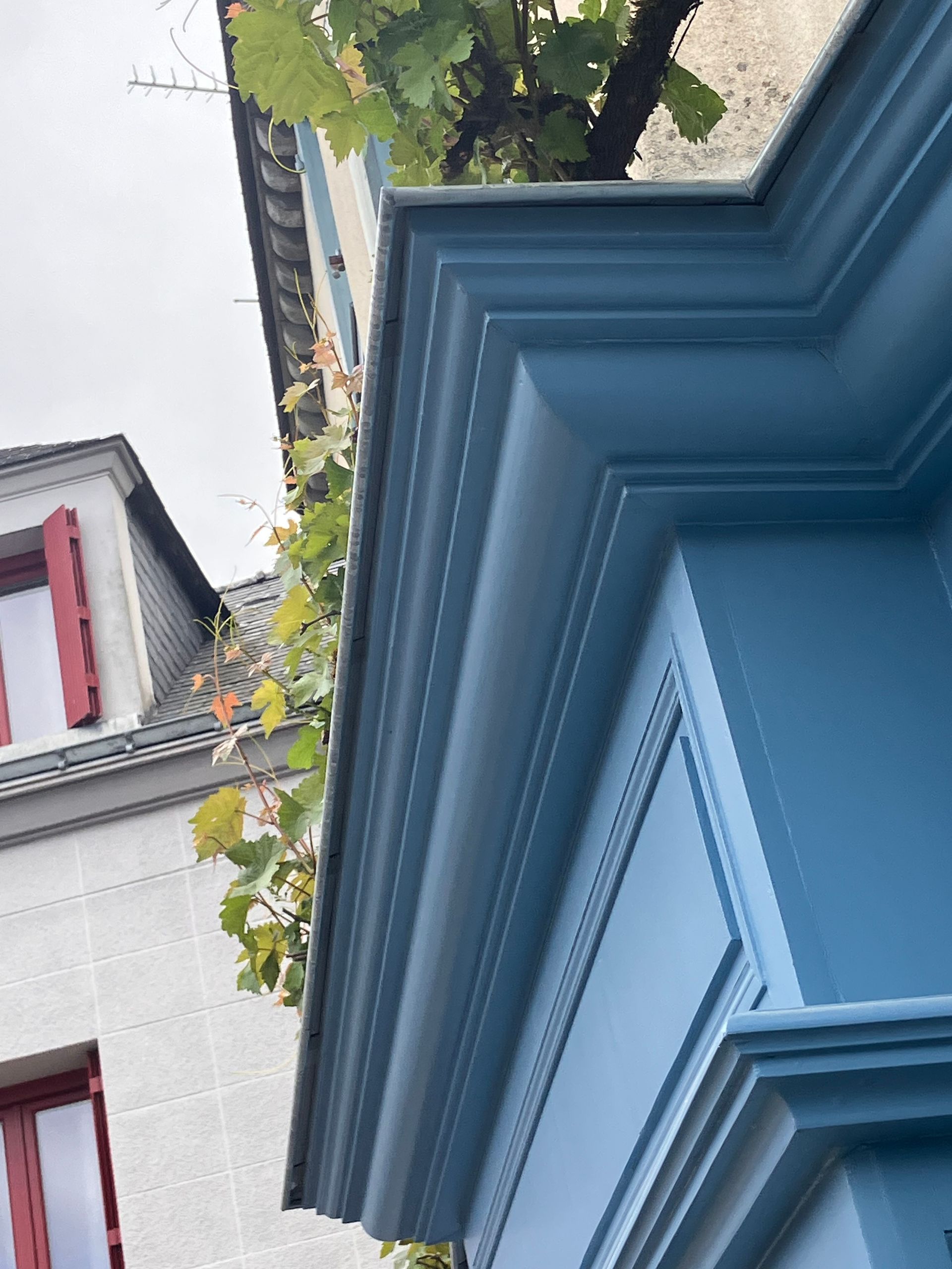Vue de corniche restaurée et détails de modénatures sur façade commerciale rénovée