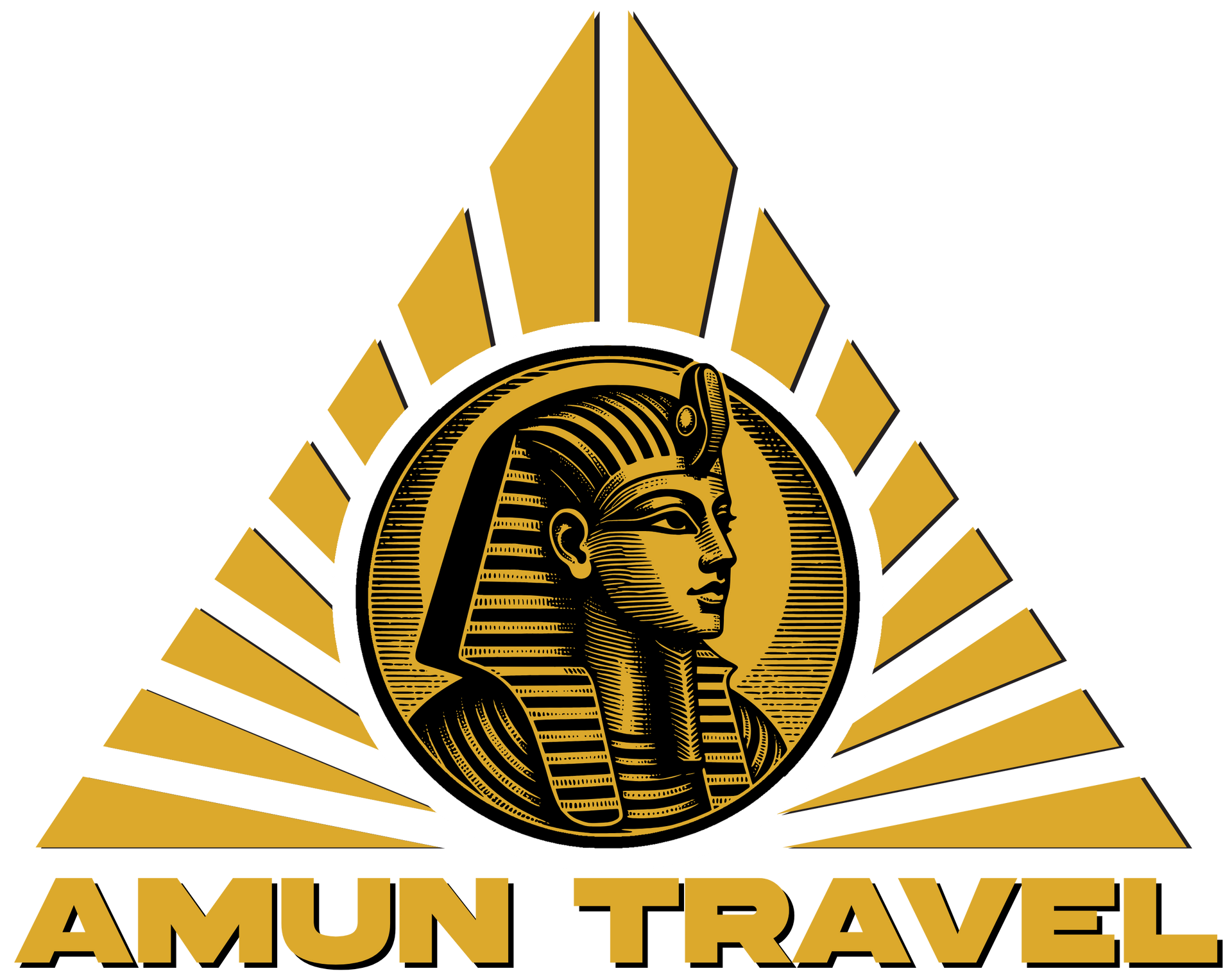 Zurück zur Startseite Logo von Amun Travel, Pharao in Schwarz auf Sonnenschein-Pyramide.