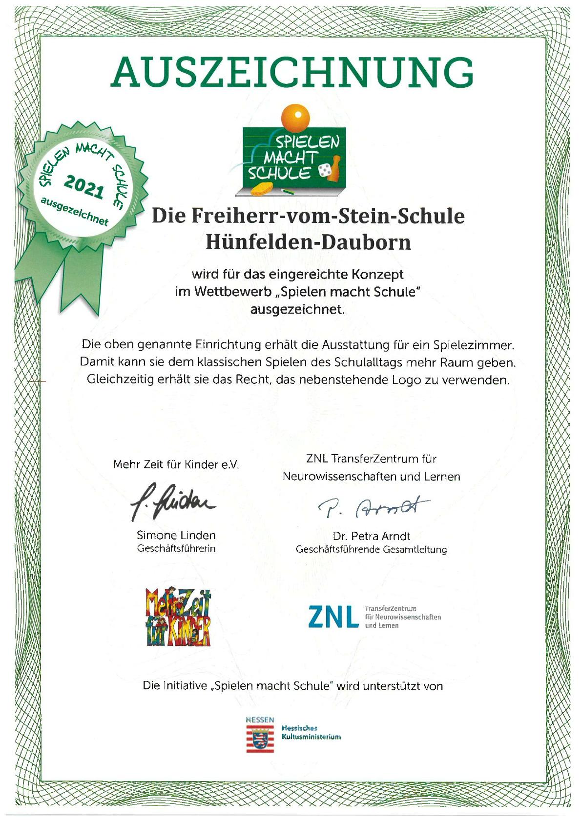 Urkunde Wettbewerb Spielen macht Schule Urkunde Wettbewerb Spielen macht Schule