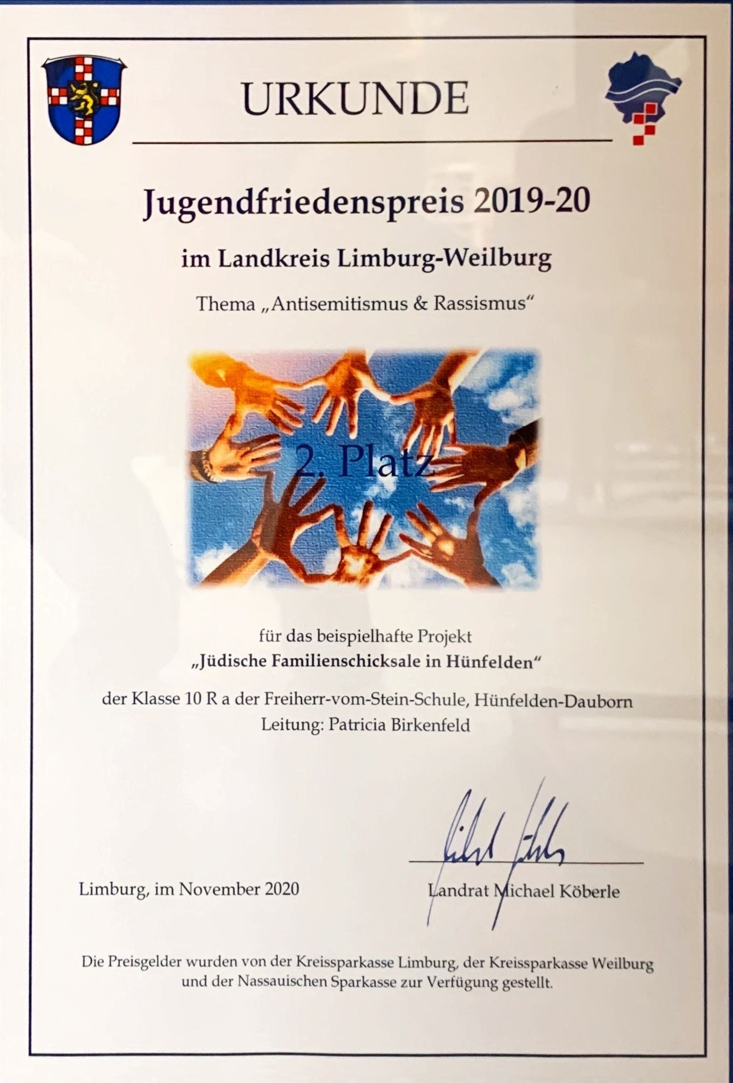 Urkunde Jugendfriedenspreis 2019-20