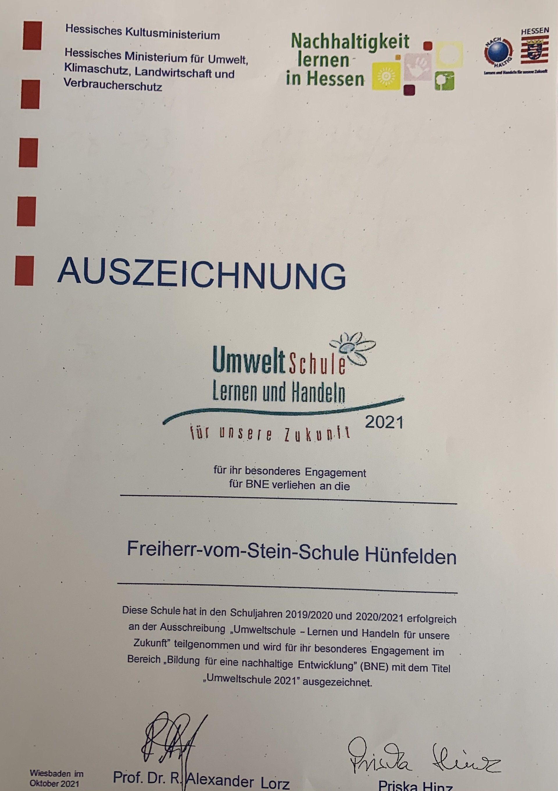 Anschreiben zur Auszeichnung Umweltschule Auszeichnung Umweltschule