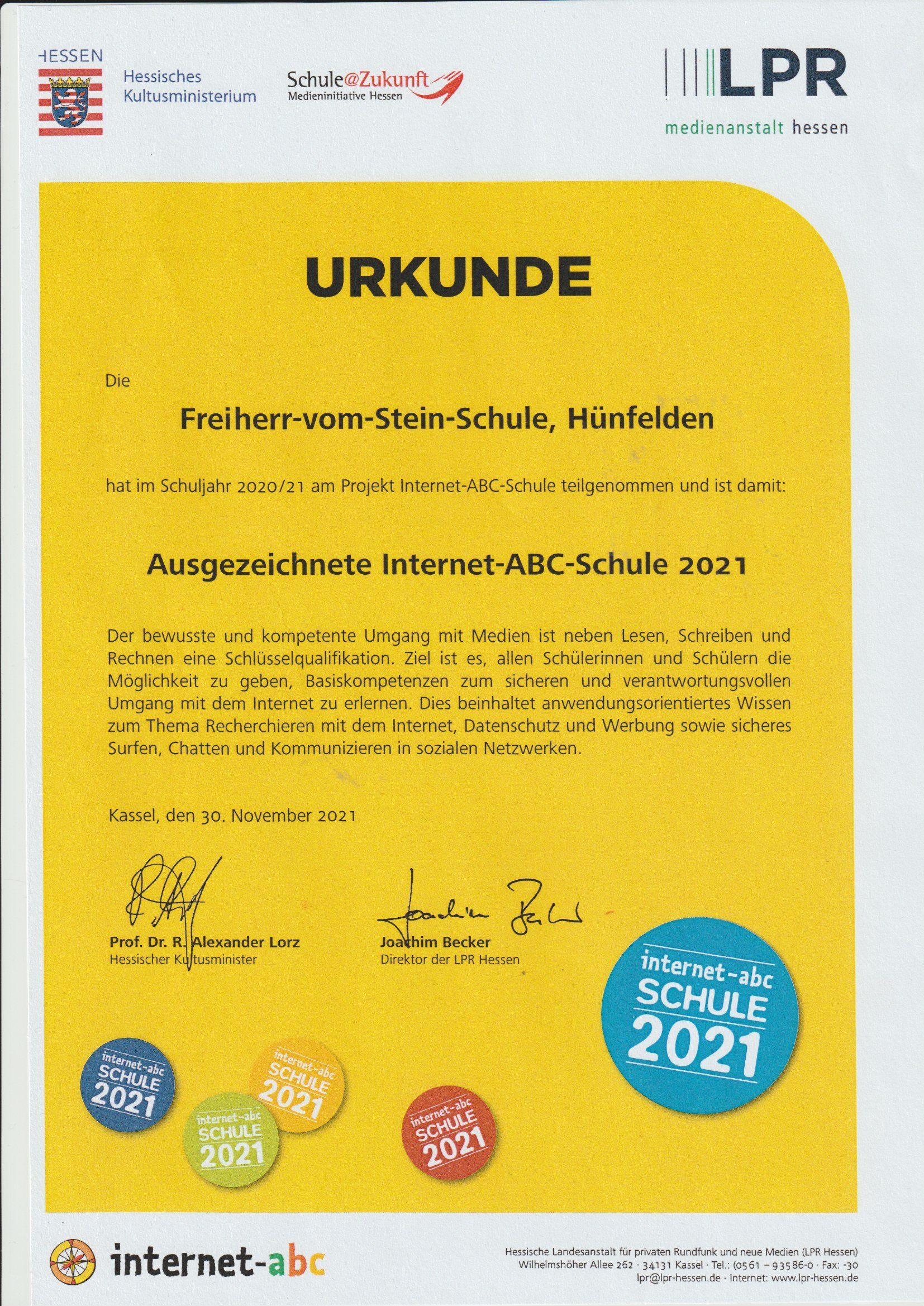 Urkunde Internet ABC-Schule 2021