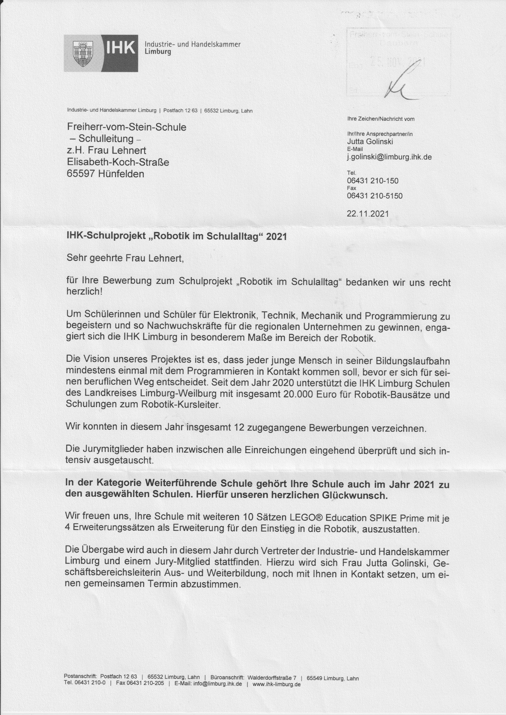 Anschreiben IHK Schulprojekt  Anschreiben IHK Schulprojekt