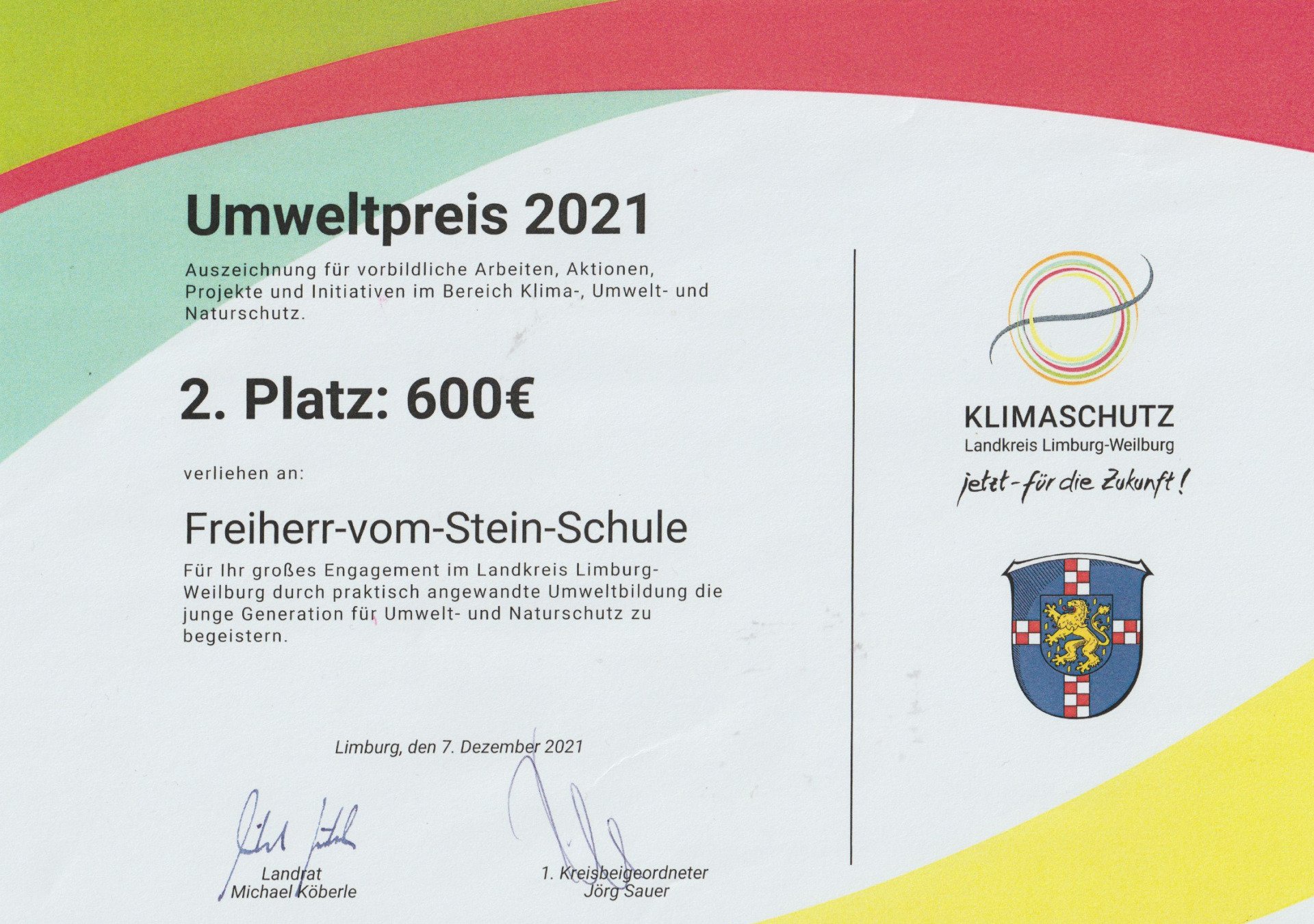 Urkunde Umweltpreis 2021 (2. Platz)
