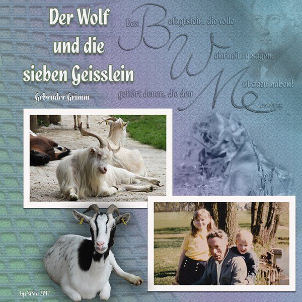 Collage mit einem Foto zusammen mit Großvater und Bruder und Fotos von Ziegen zum Thema Der Wolf und die 7 Geisslein