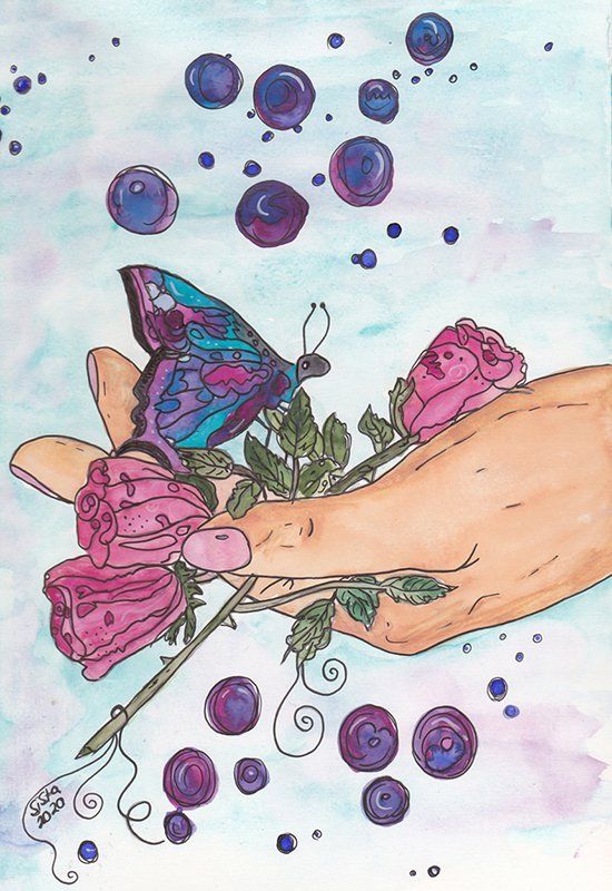 Zeichnung Hand mit Rosen und Schmetterling