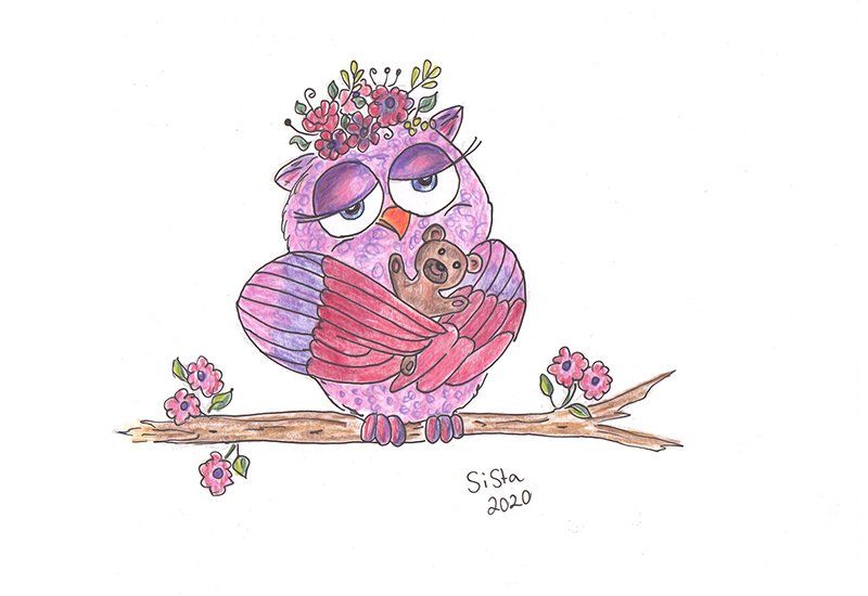 Zeichnung Eule mit Teddy Eule mit Teddybär