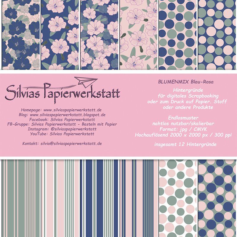 Digitales Musterset Blumenmix Blau-Rosa Hintergrundpapiere