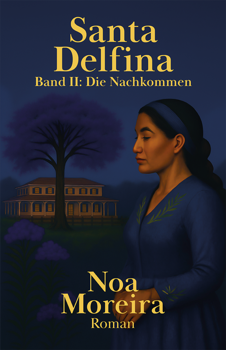 Buchcover des Romans Santa Delfina – Band II: Die Nachkommen von Noa Moreira. Vor dem Hintergrund eines blühenden Jacarandá-Baums und eines großen Hauses mit Veranda steht eine ältere Frau mit geschlossenen Augen, goldbesticktem blauen Kleid und blauem Haarband. Sie steht still in der Nacht mit tiefblauem Himmel. Die Szene atmet die bittersüße Tiefe von Saudade.