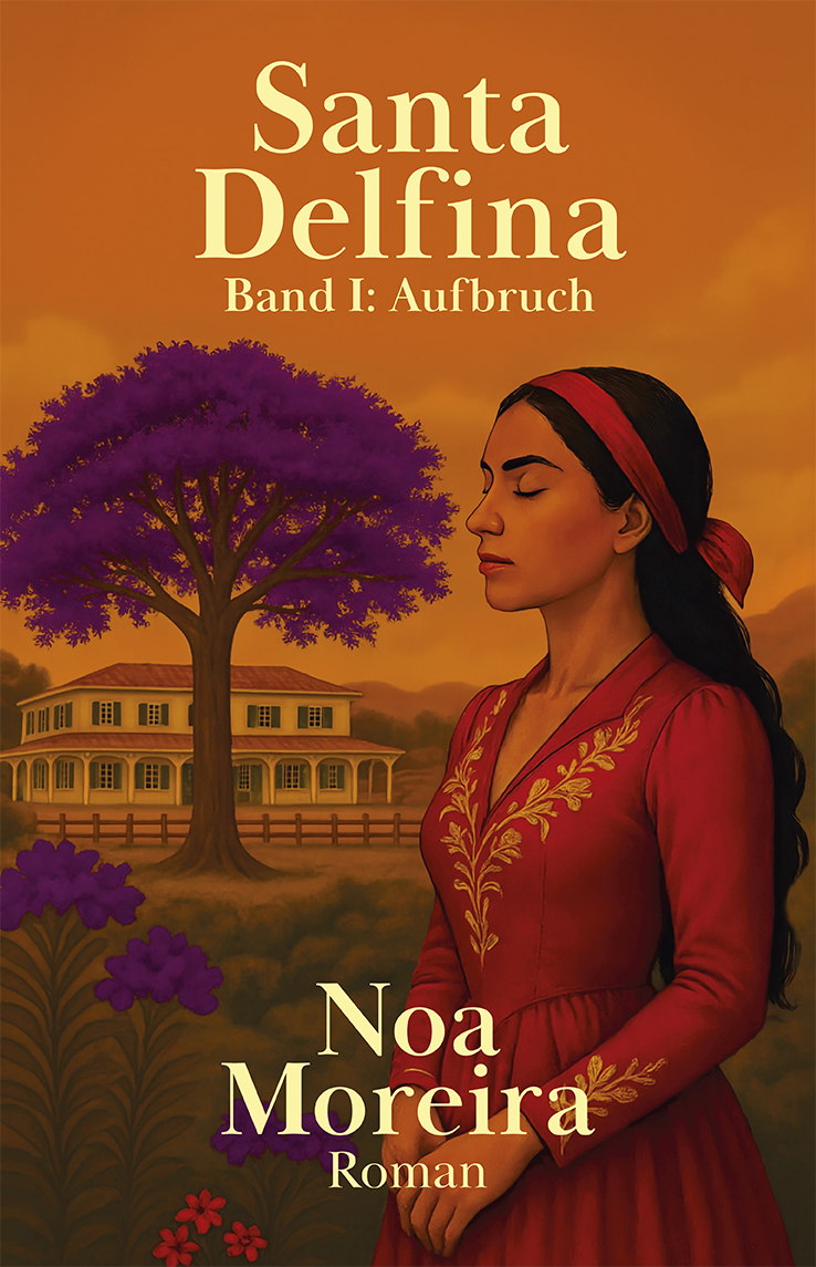 Buchcover des Romans Santa Delfina – Band I: Aufbruch von Noa Moreira. Im Vordergrund eine Frau in einem roten Kleid mit goldener Stickerei und rotem Haarband. Sie steht still vor einem lila blühenden Jacarandá-Baum, die Augen geschlossen, als würde sie einen inneren Aufbruch spüren. Hinter ihr ein großes Haus mit Veranda, das Geschichten zu bergen scheint, darüber ein Himmel in warmem Orange – ein Bild voller Sehnsucht, Wandel und stiller Kraft. Der Titel und Autorname sind in heller Serifenschrift gesetzt.