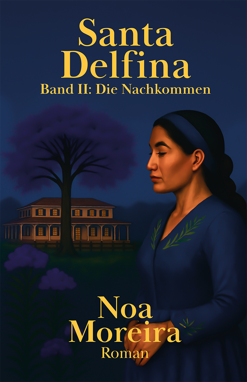 Buchcover des Romans Santa Delfina – Band II: Die Nachkommen von Noa Moreira. Vor dem Hintergrund eines blühenden Jacarandá-Baums und eines großen Hauses mit Veranda steht eine ältere Frau mit geschlossenen Augen, goldbesticktem blauen Kleid und blauem Haarband. Sie steht still in der Nacht mit tiefblauem Himmel. Die Szene atmet die bittersüße Tiefe von Saudade.