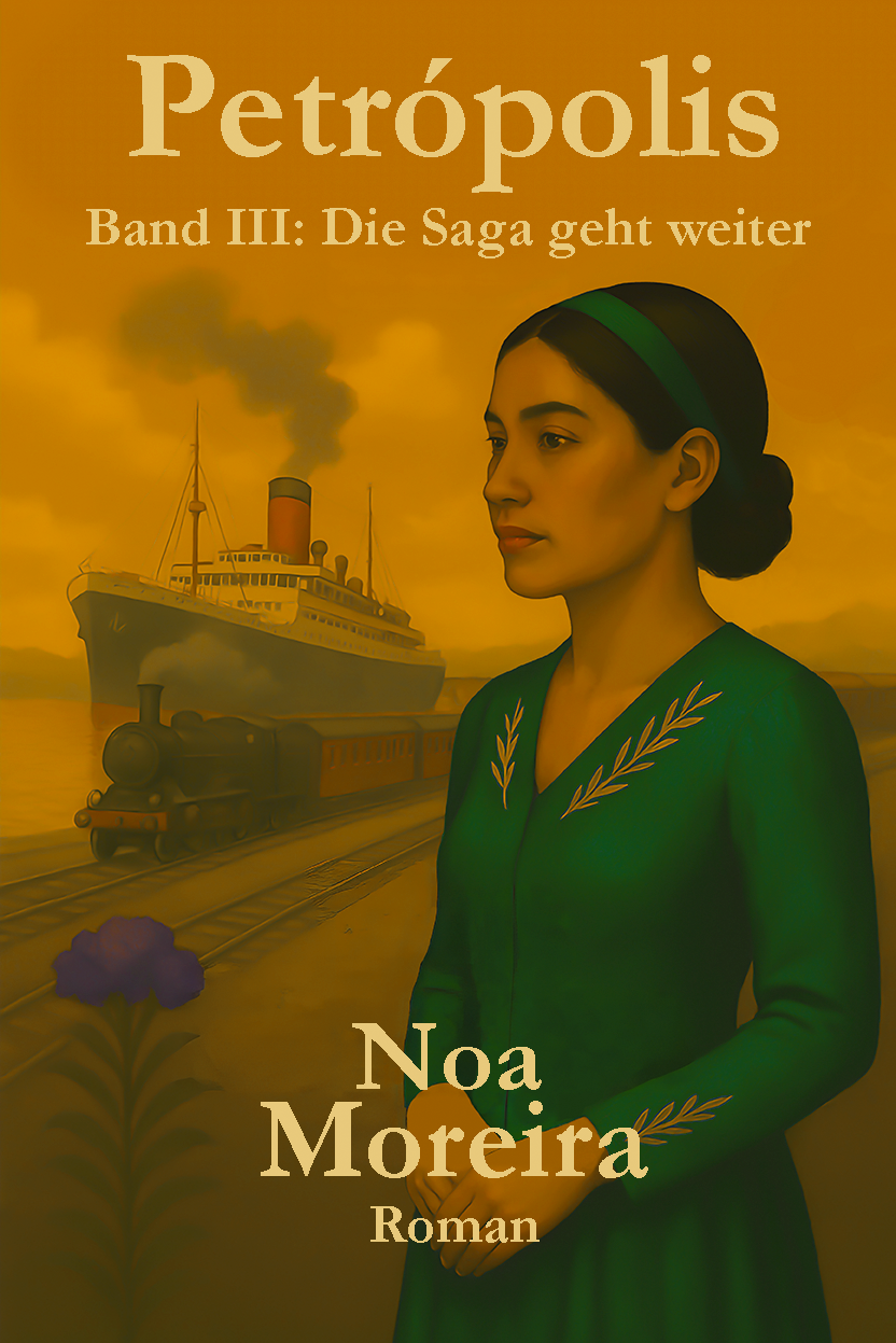 Buchcover des Romans Petropolis – Band III: Die Saga geht weiter von Noa Moreira. Vor dem Hintergrund eines Hafens mit Dampfschiff und Eisenbahn steht eine junge Frau in einem grünen, goldbestickten Kleid und mit grünem Haarband – ruhig, entschlossen, mit offenen Augen. Der Himmel glüht in warmem Orange, eine einzelne Blume blüht am Rand. Es ist ein Moment zwischen Abschied und Neubeginn, durchzogen von Erinnerung und Hoffnung.