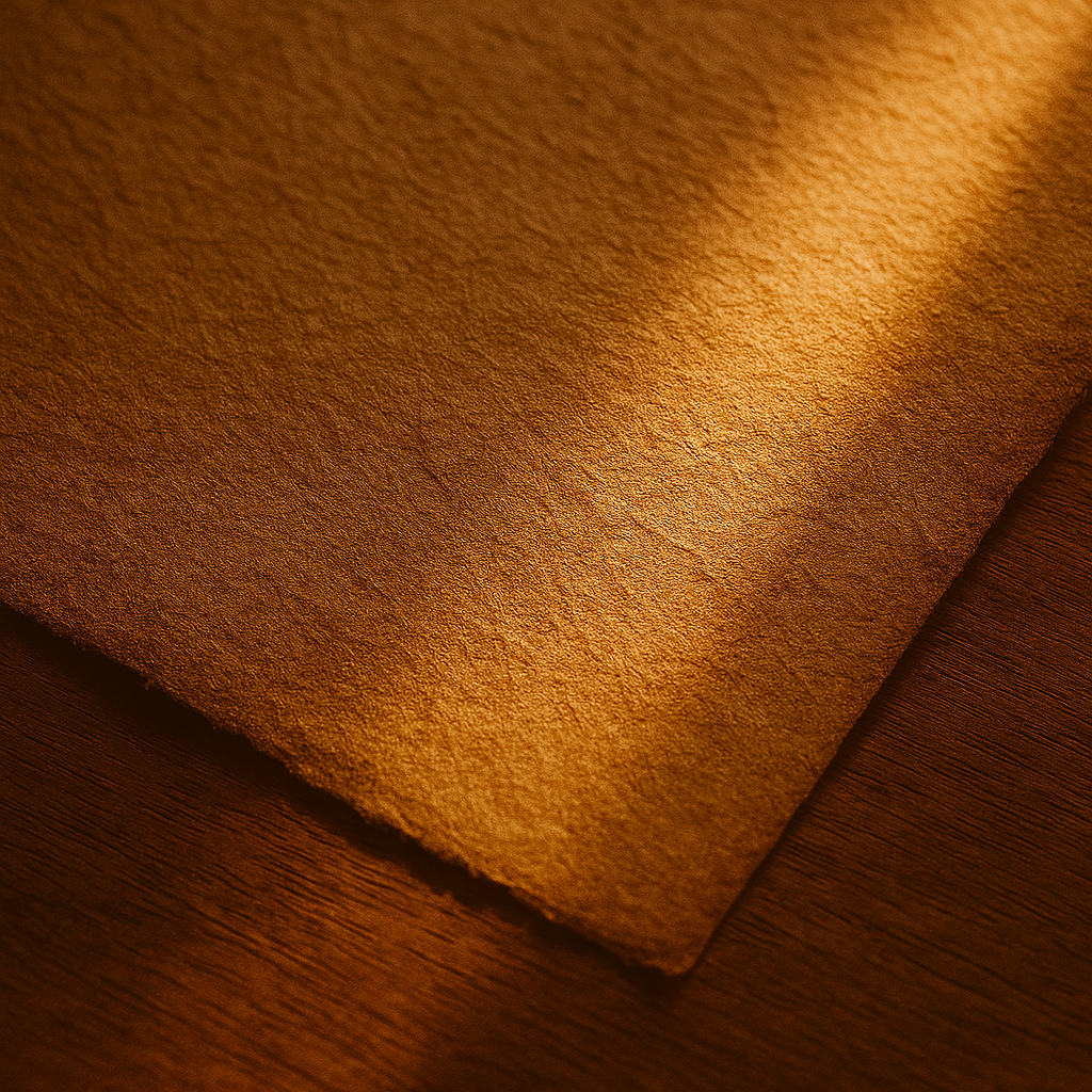 Ein Blatt mit goldener Struktur liegt im Licht – offen, einladend, bereit, Informationen und Geschichten zu tragen. Es steht für den Beginn eines Dialogs: zwischen Autorin, Presse und Leserschaft, zwischen dem, was schon geschrieben ist, und dem, was noch erzählt werden will.